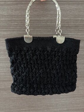 Black Woven Handbag with Silver Handles